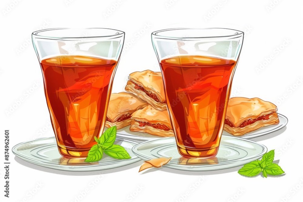 A refreshing glass of Turkish tea served in traditional tulip-shaped glasses with a plate of baklava in the background. A refreshing glass of Turkish tea served in traditional tulip-shaped glasses with a plate of baklava in the background.