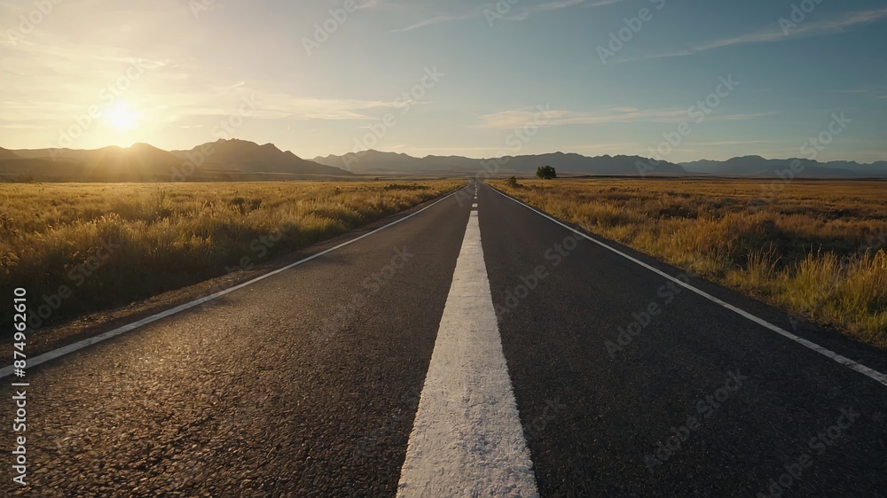 Naklejka premium Asphalt road with white arrow sign and today to future text goes to horizon Sunshine on horizon and the road strigt away forward Clear and positive perspectives ahead.
