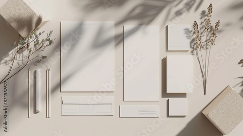 Corporate identity template. Photo of blank stationery set on white paper background.