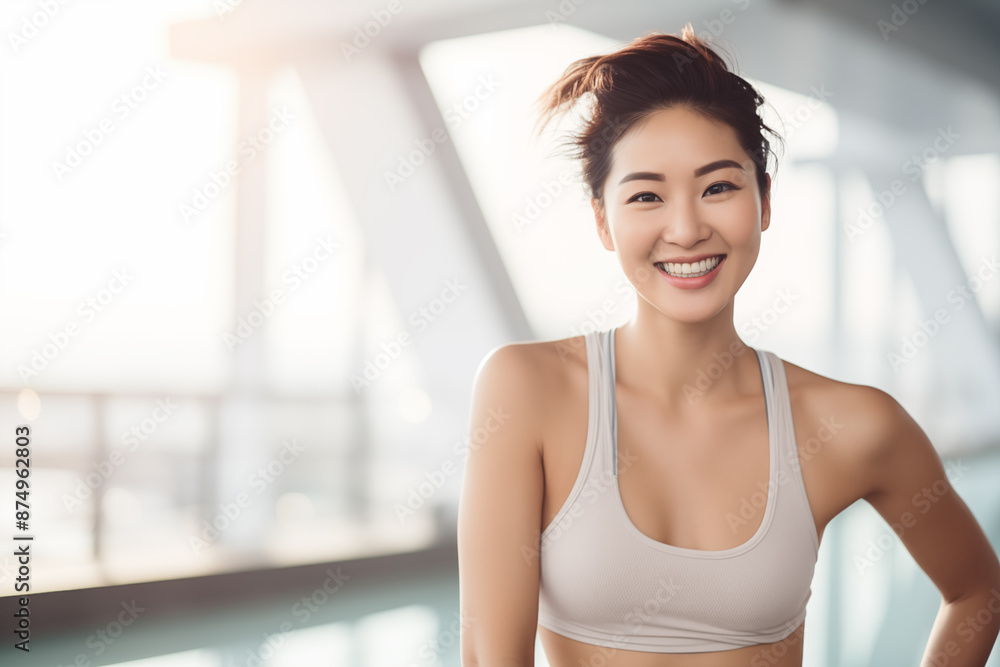 cheerful asian female idle taking a break from her workout. The athlete is wearing a light color sports tank top cheerful asian female idle taking a break from her workout. The athlete is wearing a light color sports tank top