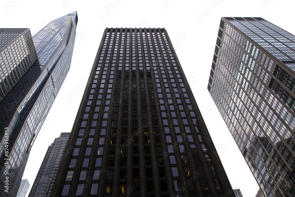Obraz premium Upward view of tall skyscrapers against a bright sky, showcasing architectural design and the urban cityscape concept