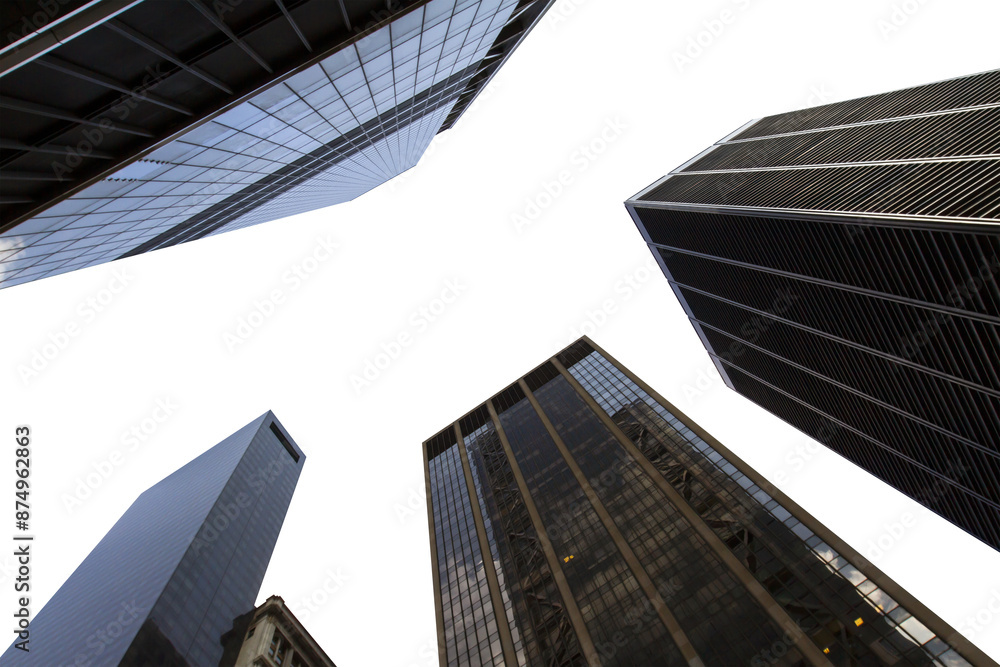 Worm's-eye view of skyscrapers stretching into a clear sky, depicting the modern cityscape on a light background, emphasizing urban architecture Worm's-eye view of skyscrapers stretching into a clear sky, depicting the modern cityscape on a light background, emphasizing urban architecture