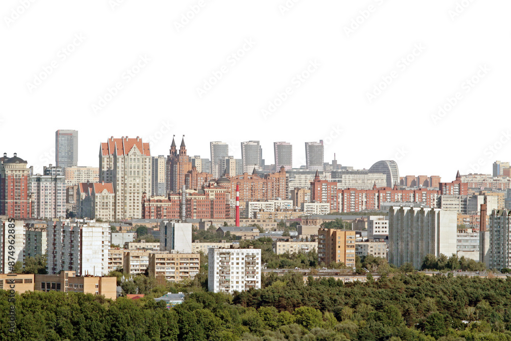 Fototapeta premium Moscow city skyline view dominated by residential and commercial buildings, situated above a forested area, on a clear, white background