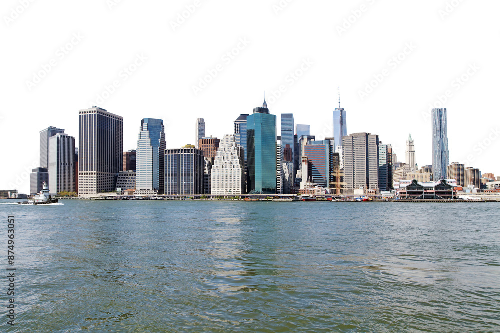 Fototapeta premium Manhattan skyline viewed from the water with a clear blue sky background, showcasing various skyscrapers