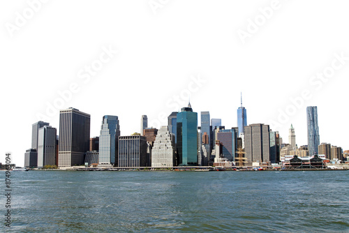 A panoramic view of the Manhattan skyline with skyscrapers, set against a clear sky, showing the cityscape from the waterfront