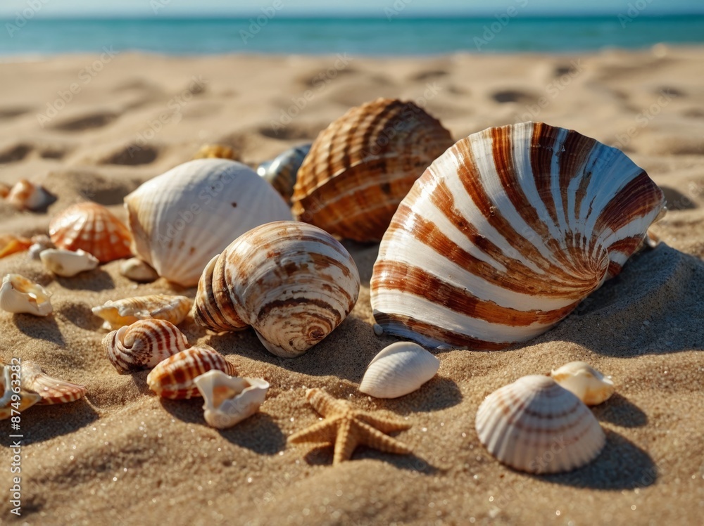 Beautifully arranged beach items with seashells on a sandy background, symbolizing summer vacations and beach joy. Beautifully arranged beach items with seashells on a sandy background, symbolizing summer vacations and beach joy.