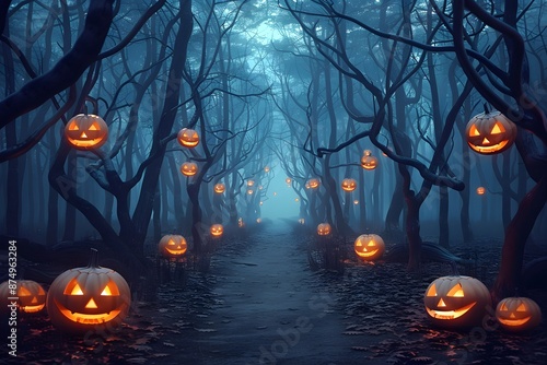 Spooky forest path with glowing jack-o'-lanterns, creating an eerie Halloween night atmosphere photo