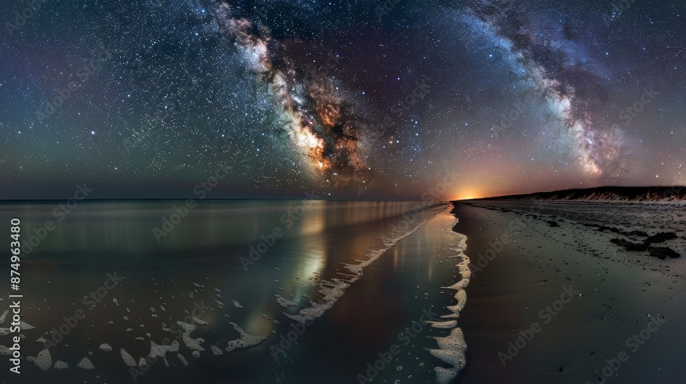 A panoramic view of a deserted beach at night, with the Milky Way galaxy reflected on the calm ocean water. A panoramic view of a deserted beach at night, with the Milky Way galaxy reflected on the calm ocean water.