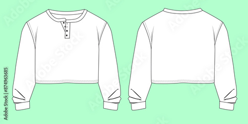 henley long sleeve crop t-shirt flat sketch vector. 