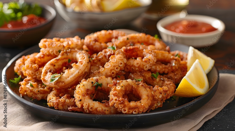 Fried Calamari Rings with Lemon Slices Fried Calamari Rings with Lemon Slices