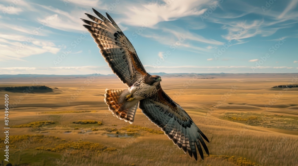 A photorealistic image of a hawk soaring high above the vast prairie landscape A photorealistic image of a hawk soaring high above the vast prairie landscape