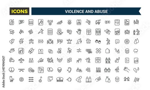 Violence and Abuse icons collection. Outline icons pack. Editable vector line icon set and illustration for web and UI application.