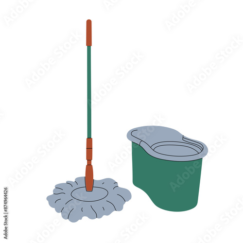 Clean floor mop with stick handle and bucket. Cleaning tool, washing rag, dust wiper, brush on pole. Housework, housecleaning item icon. Flat graphic vector illustration isolated on white background