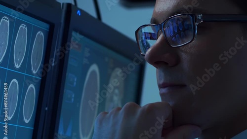 Professional medical doctors working in hospital office making computer research. Medicine, healthcare and technology concept.