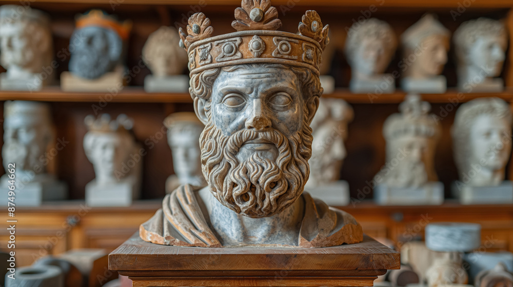 Bust of a crowned king with a detailed beard, displayed in a room filled with various other sculptures and historical artifacts Bust of a crowned king with a detailed beard, displayed in a room filled with various other sculptures and historical artifacts