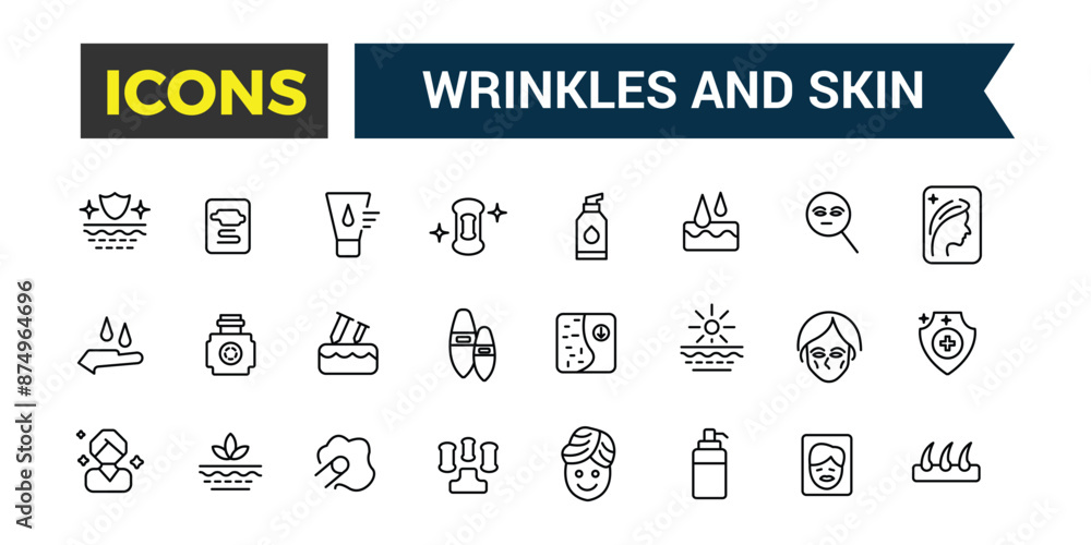 Wrinkles and Skin icons set. Outline icons pack. Editable vector line icon set and illustration for web and UI application. Wrinkles and Skin icons set. Outline icons pack. Editable vector line icon set and illustration for web and UI application.