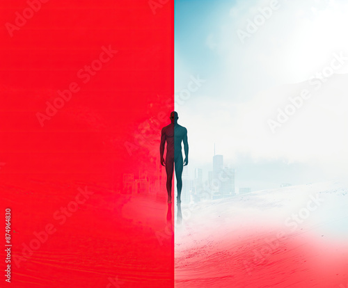 Silhouette of Man Standing in Red and Blue Abstract Landscape photo