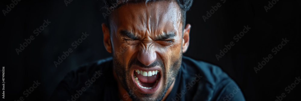 Man expressing intense emotion with eyes closed and mouth open, in a powerful and dramatic pose against a dark background. Man expressing intense emotion with eyes closed and mouth open, in a powerful and dramatic pose against a dark background.