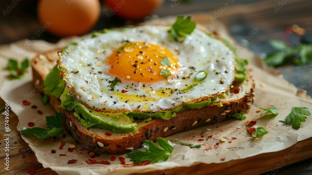 Avocado toast with fried egg on the table, healthy breakfast Avocado toast with fried egg on the table, healthy breakfast