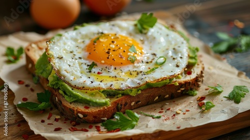 Avocado toast with fried egg on the table, healthy breakfast