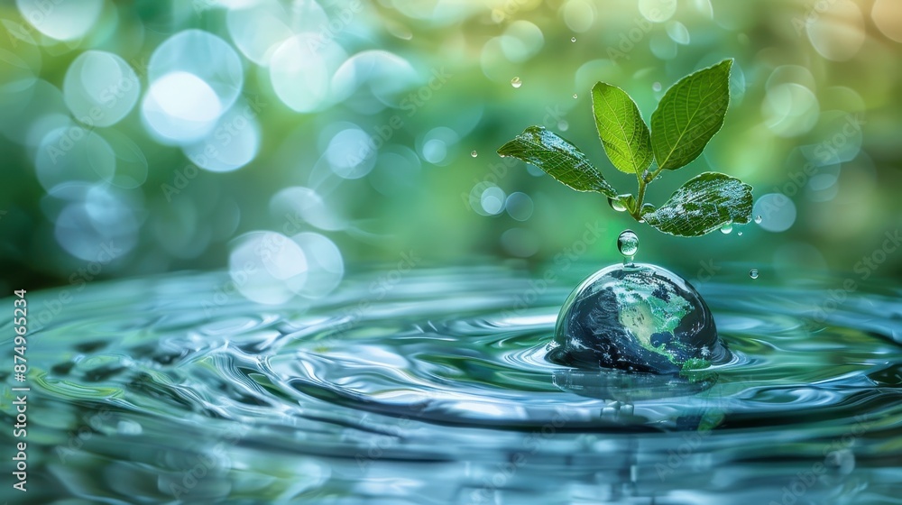 Water droplet Earth with green leaves, symbolizing water conservation and natural resources. Water droplet Earth with green leaves, symbolizing water conservation and natural resources.