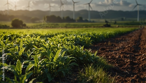 Green energy banner background Agricultural field with energy industry graphics Ecology, renewable sources, business concept. photo