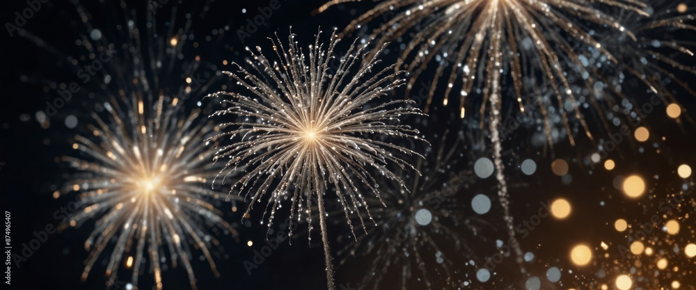 Naklejka premium Silver fireworks and bokeh in New Year eve, copy space Abstract background holiday.