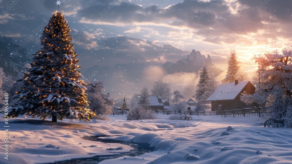 Obraz premium A Christmas Tree Adorned A Snowy Village Landscape In Winter