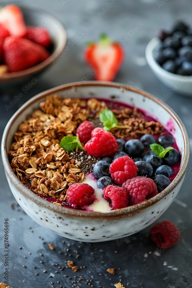 Acai Bowl Perfection, Superfood Bliss, Nutty Granola, Fresh Berries, Healthy Breakfast, Tropical background Acai Bowl Perfection, Superfood Bliss, Nutty Granola, Fresh Berries, Healthy Breakfast, Tropical background