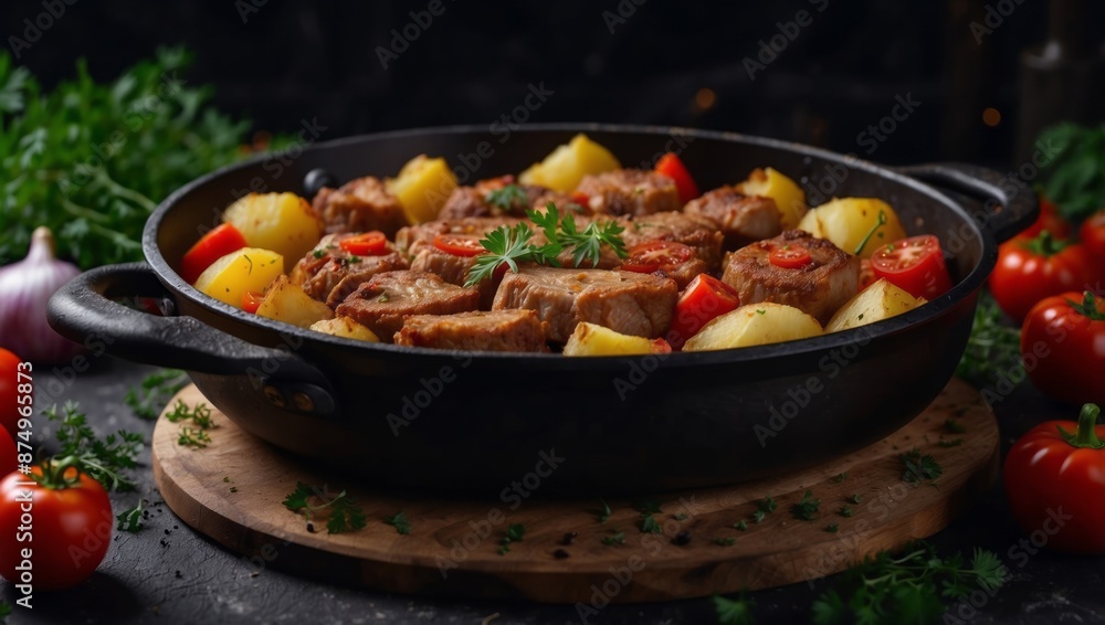 Fried pork meat with potatoes, onions and peppers National homemade Georgian dish ojakhuri in a black frying pan on a dark background with fresh herbs, spices and tomatoes. Fried pork meat with potatoes, onions and peppers National homemade Georgian dish ojakhuri in a black frying pan on a dark background with fresh herbs, spices and tomatoes.