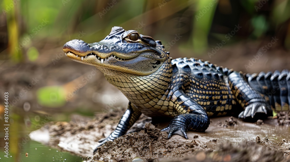 Obraz premium Alligator basking in the sun on a mud bank in a swamp, its scales glistening with a watchful eye.