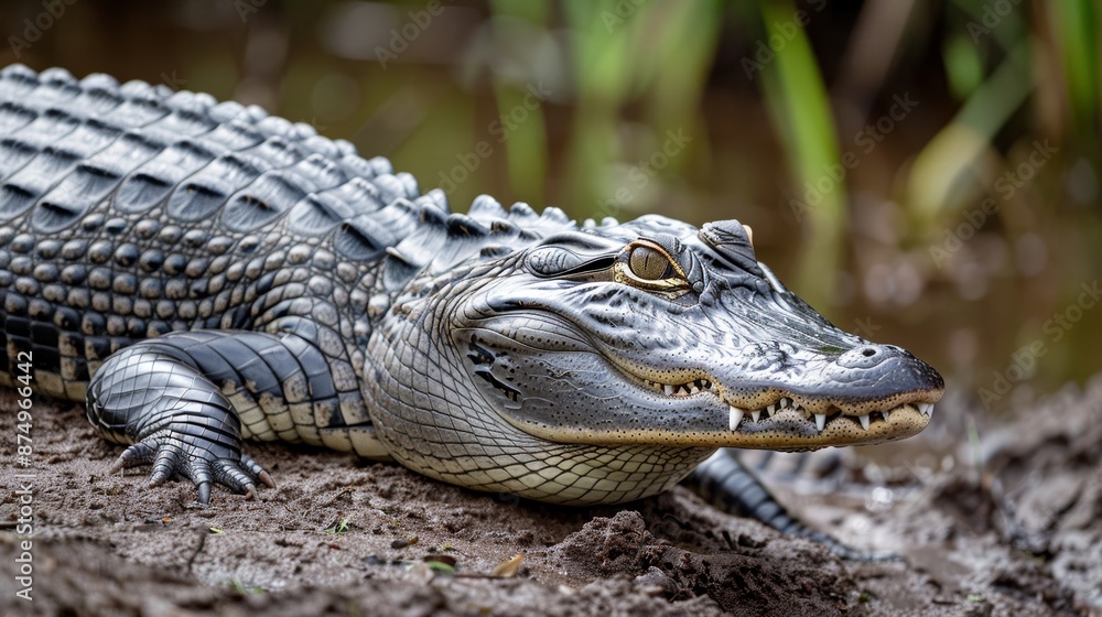 Fototapeta premium Alligator basking in the sun on a mud bank in a swamp, its scales glistening with a watchful eye.