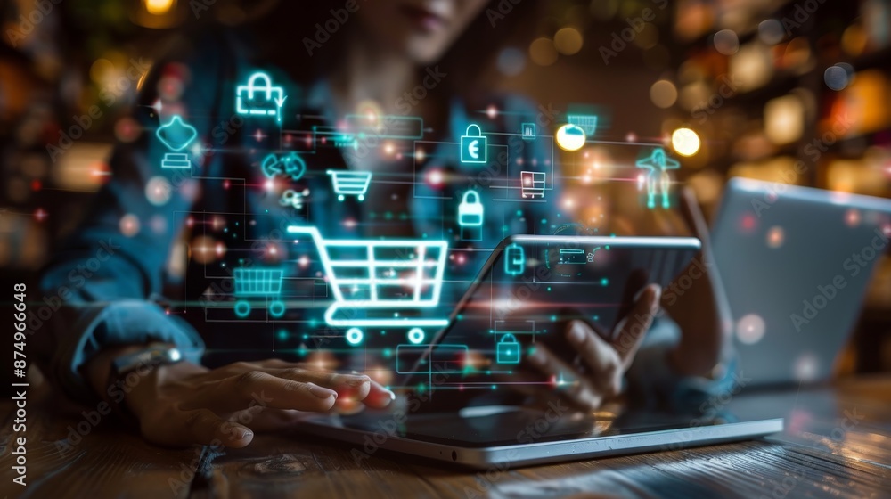 Girl using smartphone shopping online, shopping cart icon on screen mobile phone with chat box, cart,shopping bag icons pop up. Social media marketing concept. Girl using smartphone shopping online, shopping cart icon on screen mobile phone with chat box, cart,shopping bag icons pop up. Social media marketing concept.