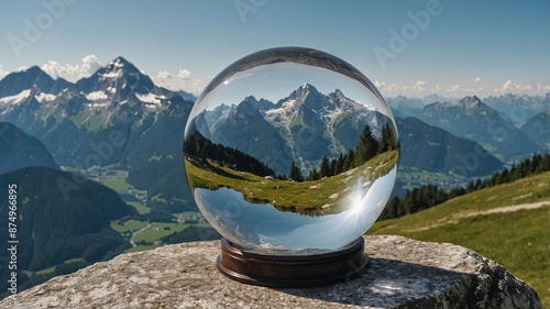 Crystal ball alpine summer landscape shot at the famous Asitz summit, Leogang, Salzburg, Austria. photo