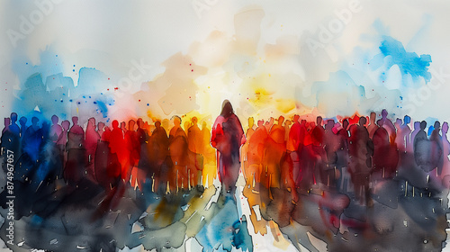 Watercolor illustration of Jesus meeting his followers at the sermon on  the mount! 