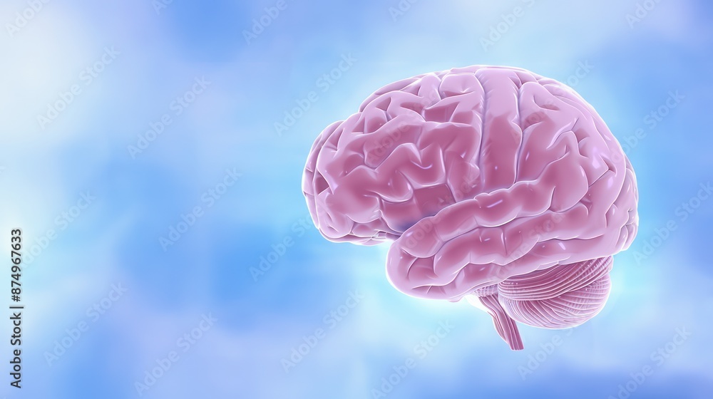 A pink brain floating in the air on a white background with blue light rays and gray metal tubes behind it symbolizing intelligence and futuristic technology A pink brain floating in the air on a white background with blue light rays and gray metal tubes behind it symbolizing intelligence and futuristic technology