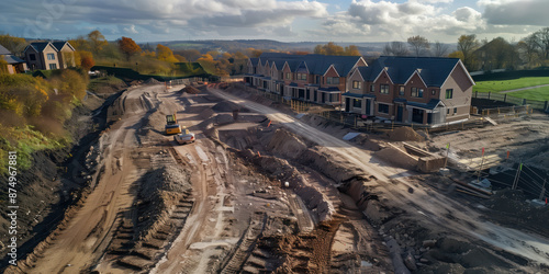 A new housing development is being built on greenbelt land in the UK. Shot from above by a drone  photo