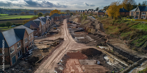 A new housing development is being built on greenbelt land in the UK. Shot from above by a drone  photo