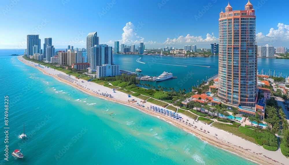 Aerial View of Miami Beach with Skyscrapers and Turquoise Waters Aerial View of Miami Beach with Skyscrapers and Turquoise Waters