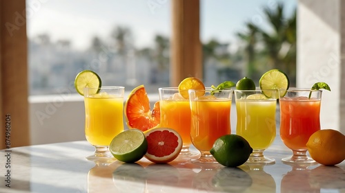 An assortment of citrus juices in various glasses incl photo