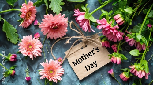 Pink gerbera daisies and a wooden Mother's Day sign on a dark background. Mother's Day celebration, floral decoration, greeting card, festive background, holiday concept.