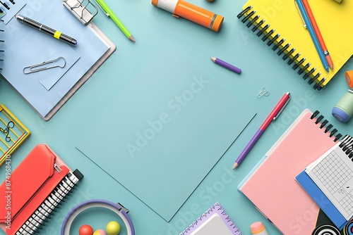 3D rendering of colorful school supplies and blank paper on pastel background, top view mock-up, clean design, ample text space.