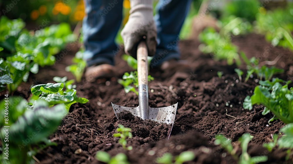 A worker uses a shovel to dig up dark soil in a vegetable garden, breaking up the ground for planting. A worker uses a shovel to dig up dark soil in a vegetable garden, breaking up the ground for planting.