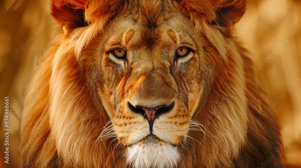 Obraz premium Close-up of a majestic lions face, golden mane framing its piercing eyes.