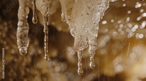 Close-up of a single stalactite with water droplets forming and dripping, creating a sense of timelessness.