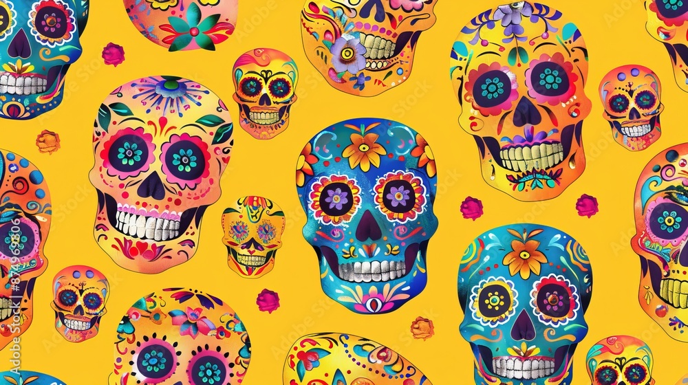 A series of colorful, Day of the Dead skulls adorn a yellow backdrop, creating a lively and captivating pattern. A series of colorful, Day of the Dead skulls adorn a yellow backdrop, creating a lively and captivating pattern.