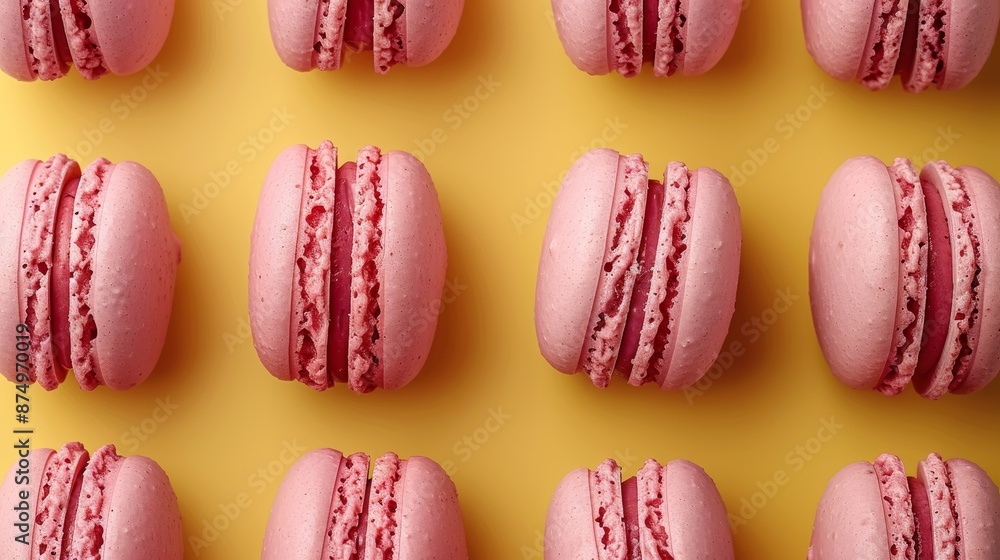 Obraz premium Strawberry macaroons on color background,parisian chic cafe dessert, sweet food and cake macaron for luxury confectionery brand,Pastry, bakery and branding concept.