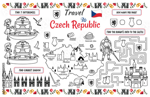A fun placemat for kids. Printable “Travel to Czech Republic” activity sheet with a labyrinth and find the differences. 17x11 inch printable vector file