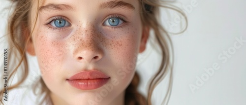 Young girl with clear skin biting lip, close-up, white background, beauty care, spa, natural beauty, photo