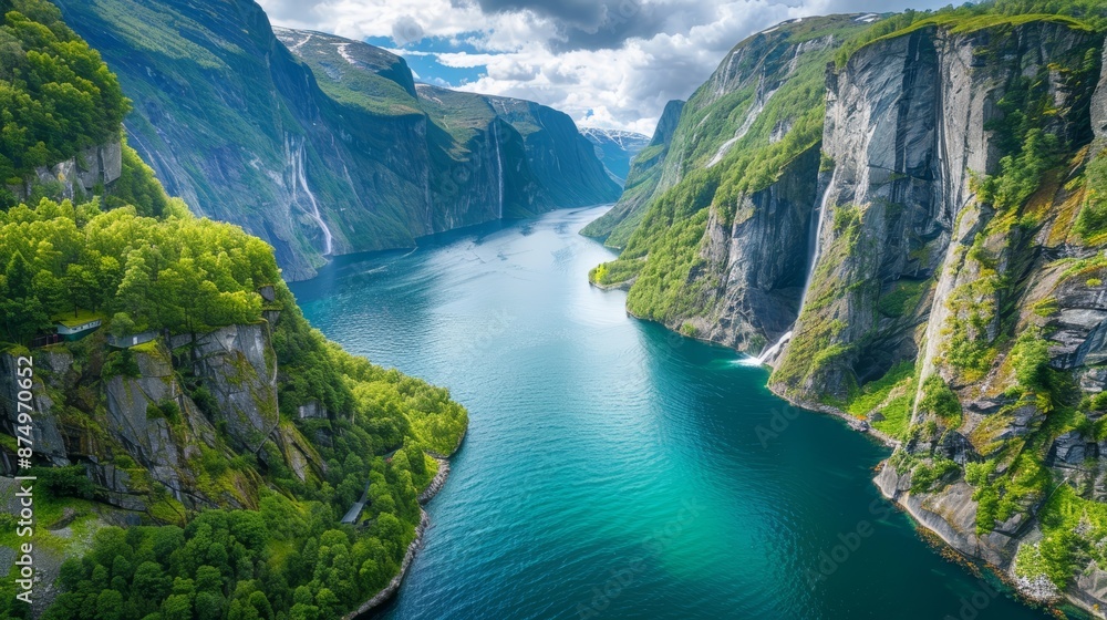 Dramatic panorama of a fjord with towering cliffs, lush green slopes cascading down to a crystal-clear turquoise sea. Dramatic panorama of a fjord with towering cliffs, lush green slopes cascading down to a crystal-clear turquoise sea.